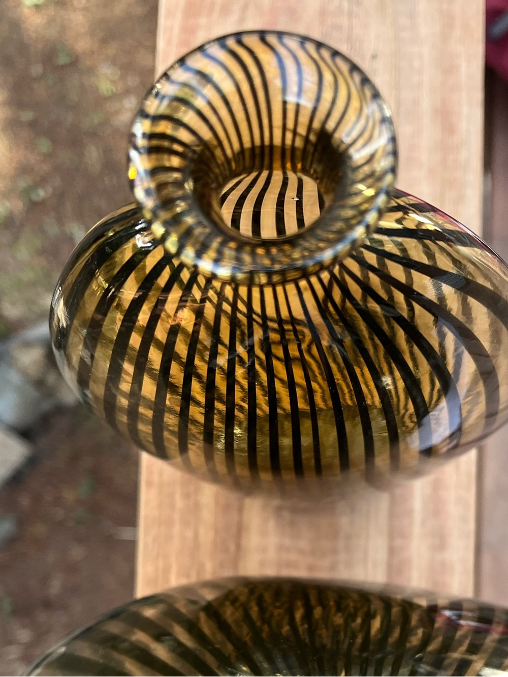 Art Deco style Amber Black stinger Stripe Sculptural Glass Vases Set of 2 - Picture 3 of 13